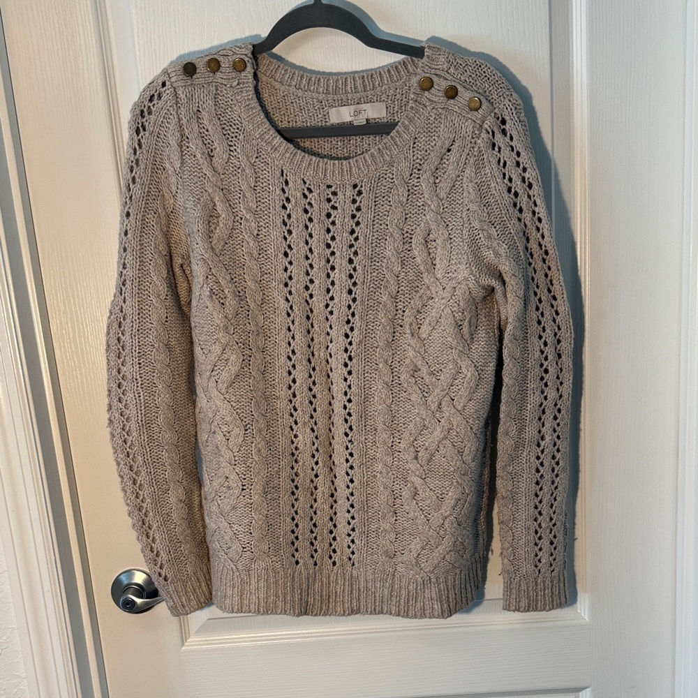 LOFT Taupe Beige Cable Knit Sweater with Button Accents Size S